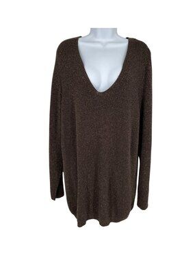 Lane Bryant Metallic Brown V-Neck Knit Sweater Shimmer Textured Size 26/28